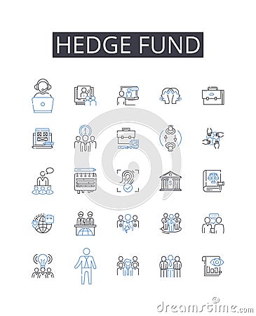 Hedge fund line icons collection. Wealth management, Investment vehicle, Venture capital, Angel investing, Mutual fund Vector Illustration