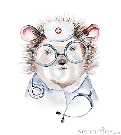 Hedgehog Animal cute doctor watercolor kids illustration isolated on white background. Medical children design Cartoon Illustration