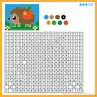 Hedgehog with apple. Color by numbers. Coloring book for kids. Colorful Puzzle Game for Children with answer Vector Illustration