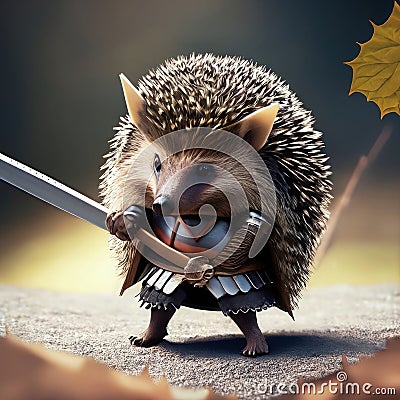 Hedgehog in armor with a sword and a shield on autumn leaves Stock Photo