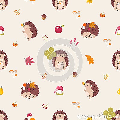 Hedgehog autumn seamless pattern. Fall hedgehogs, forest cartoon fabric print. Mushroom and leaves, baby creatures Cartoon Illustration