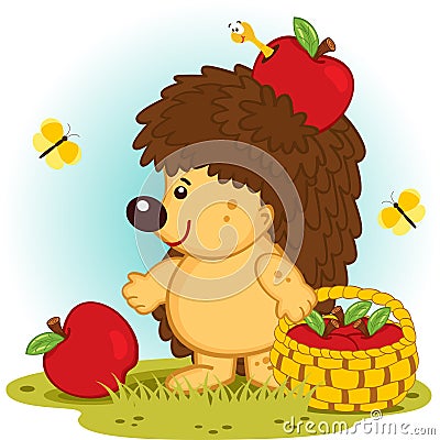 Hedgehog with basket of apples Vector Illustration