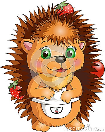 Hedgehog with berries in apron on white background Vector Illustration