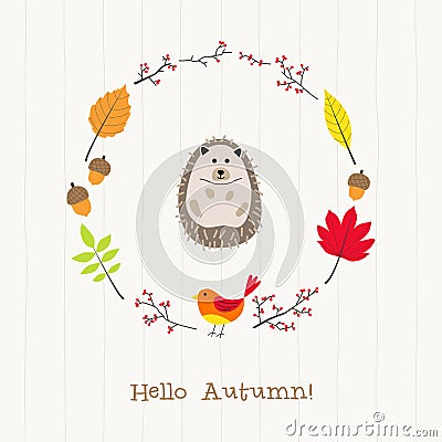 Hedgehog with autumn frame card Vector Illustration