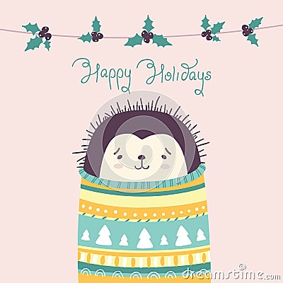 Hedgehog. Christmas vector card with cute animal in a cozy Norwegian sweater, in pastel colors. Minimalist flat illustration in Cartoon Illustration