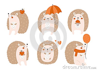 Hedgehog cute illustration set. Cartoon vector hedgehogs. Cute forest animals Vector Illustration
