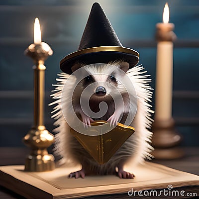 A hedgehog disguised as a wizard, wearing a pointed hat and holding a tiny wand4 Stock Photo