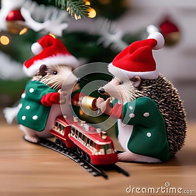 A hedgehog family in Christmas pajamas, unboxing a miniature holiday train set2 Stock Photo