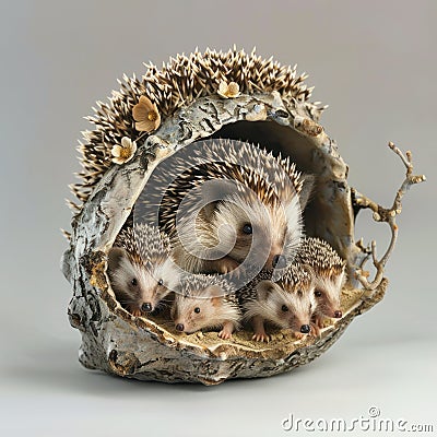 Hedgehog Family A family of hedgehogs with tiny cute baby hedgehogs Stock Photo