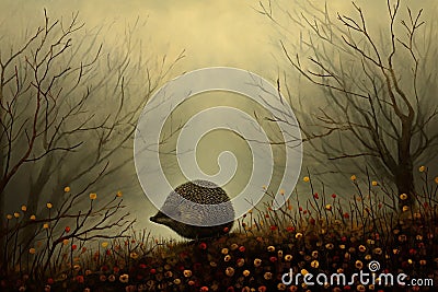 Hedgehog in the fog. Cute Little scared toy hedgehog with a knot in the snow. Stock Photo