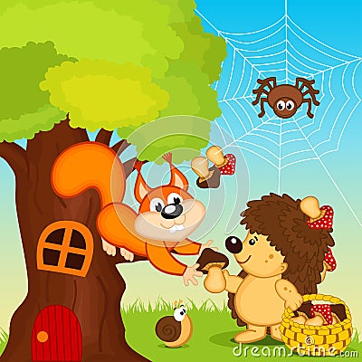 Hedgehog gives squirrel mushroom Vector Illustration