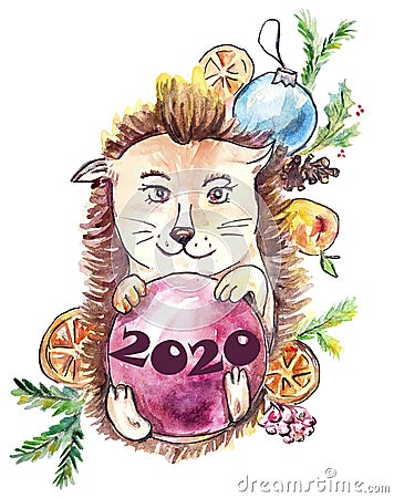 Hedgehog holds a red ball 2020 year with a New Year`s decor on the back, on pins and needles Stock Photo