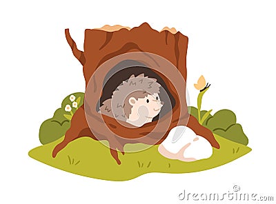 Hedgehog in hollow shelter in tree trunk. Forest animal peeking out of hole house in woods. Cute childish character Vector Illustration