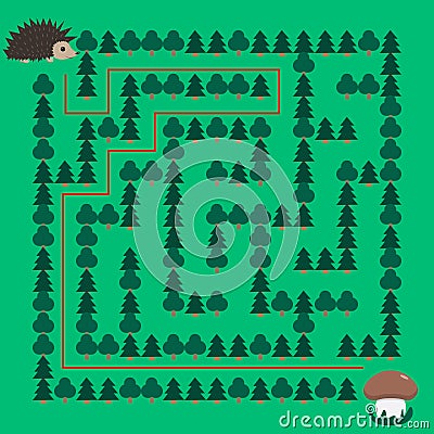 Hedgehog and Mushroom Maze educational game for children Vector Illustration