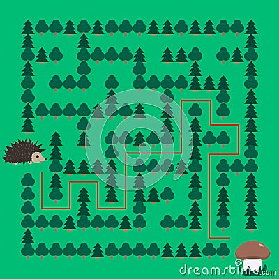 Hedgehog and Mushroom Maze educational game for children Vector Illustration