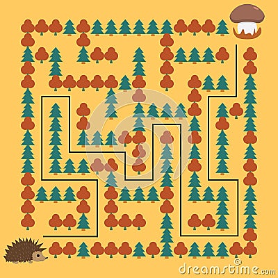 Hedgehog and Mushroom Maze educational game for children Vector Illustration