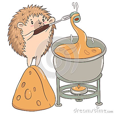 Hedgehog prepares cheese fondue isolate on a white background. Vector graphics Stock Photo