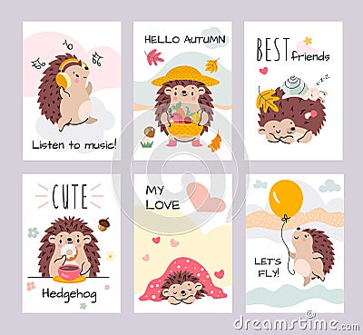 Hedgehog printable cards. Cute cartoon hedgehogs sleep, in love and welcome autumn. Woodland baby creatures, animals Vector Illustration