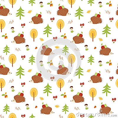 Hedgehog seamless pattern. Autumn forest seamless pattern Cute colorful fall background. Nature print, wallpaper Vector Illustration