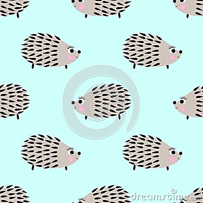 Hedgehog seamless pattern on mint green background. Vector Illustration