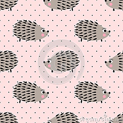 Hedgehog seamless pattern on pink polka dots background. Cute cartoon animal background. Vector Illustration