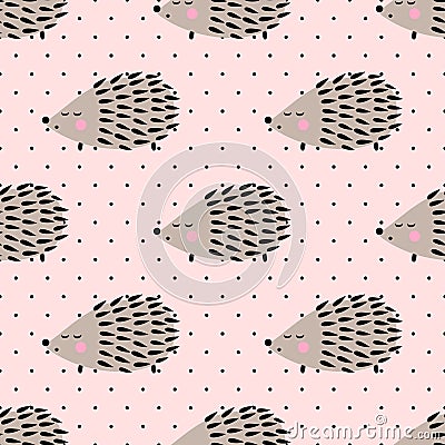 Hedgehog seamless pattern on pink polka dots background. Vector Illustration