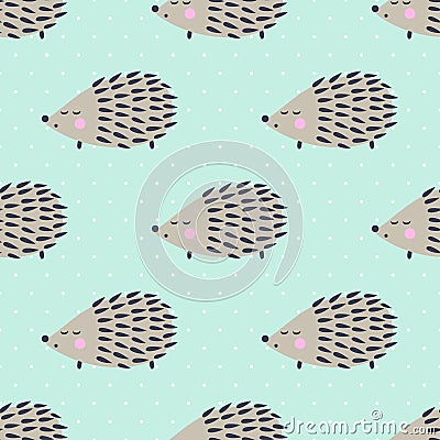 Hedgehog seamless pattern on polka dots background. Cute cartoon animal background. Vector Illustration