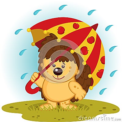 Hedgehog with umbrella in rain Vector Illustration