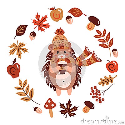 A hedgehog in a warm hat with a scarf and a mug with a hot drink. Autumn character. Animal, yellowing leaves of maple Vector Illustration