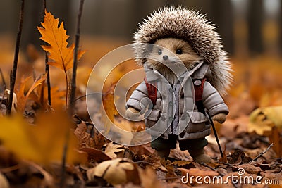 a hedgehog wearing a coat and hat in the woods Stock Photo