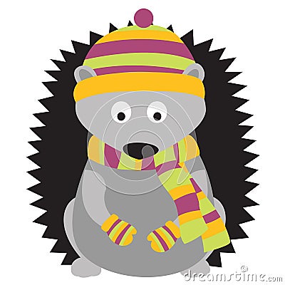 Hedgehog wearing hat, mittens and scarf. Animal sitting on its hind legs. Vector Illustration