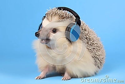 Hedgehog Wearing Headphones on Blue Background, Generative AI Stock Photo