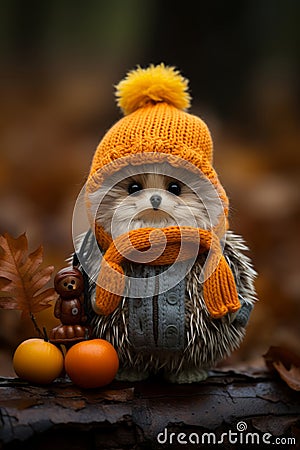 a hedgehog wearing an orange hat and scarf Stock Photo