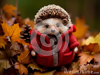 a hedgehog wearing a red sweater in the fall leaves Stock Photo