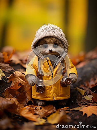 a hedgehog wearing a yellow raincoat and holding a camera Stock Photo