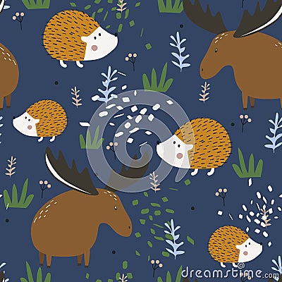 Colorful seamless pattern with happy hedgehogs, deers. Decorative cute backgroud with funny animals, garden Vector Illustration