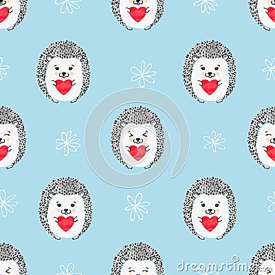 Hedgehogs with hearts seamless pattern. Vector Illustration