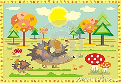 Hedgehogs on a walk at a sunny autumn day Stock Photo