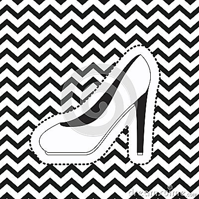 Heeled shoe sticker on pop art zig zag linear monochrome background Vector Illustration
