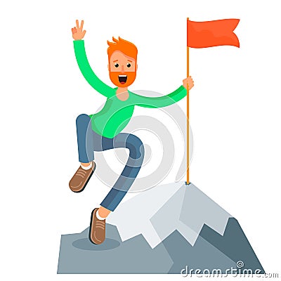 Ð¡heerful man on the top of a mountain Vector Illustration