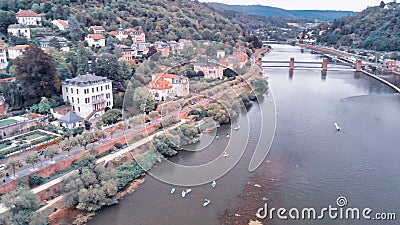 Heidelberg Aerial View, Germany. Drone flying along Chain Bridge and main city landmarks Editorial Stock Photo