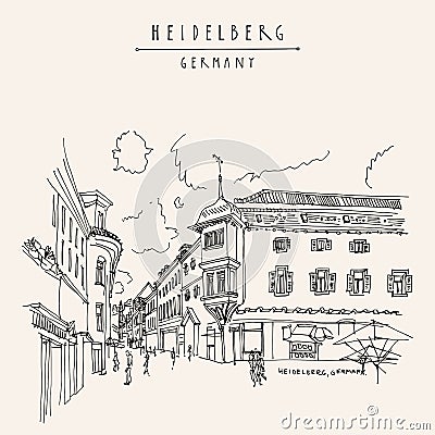 Heidelberg, Germany, Europe. Town square with side walk cafes in the old town. Travel sketch of vintage street and baroque Cartoon Illustration