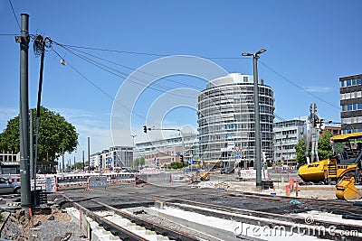 Construction site with track and road maintenance for streetcar tracks in front of Heidelberg main station Editorial Stock Photo