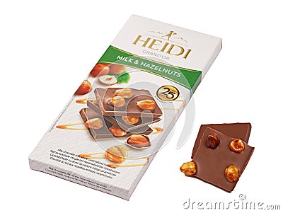 Heidi Grand`Or Milk & Hazelnuts chocolate on white Editorial Stock Photo