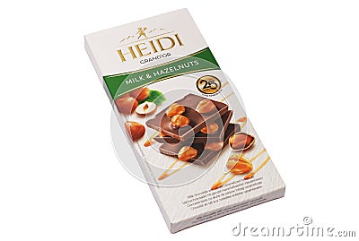 Heidi Grand`Or Milk & Hazelnuts chocolate unopened on white Editorial Stock Photo