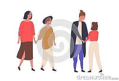 Height difference couples flat vector illustrations. Smiling pairs walking together, tall and short partners Vector Illustration