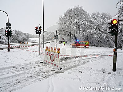 Road blocked by the fire department due to heavy snowfall. Winter attack in Germany. Snowstorm in NRW in the Mettmann district Editorial Stock Photo