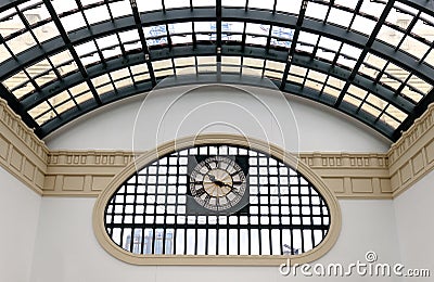 Heilongjiang,Harbin-15 AUG 2019:Harbin new railway station building inside window detail view Editorial Stock Photo