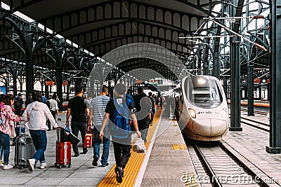 Heilongjiang,Harbin-15 AUG 2019:passenger on Harbin new high speed railway station platform Editorial Stock Photo
