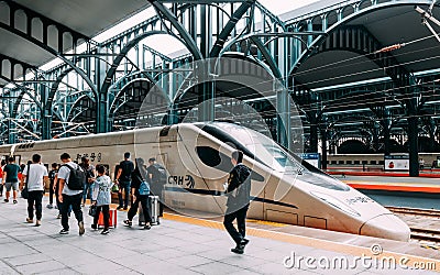 Heilongjiang,Harbin-15 AUG 2019:passenger on Harbin new high speed railway station platform Editorial Stock Photo